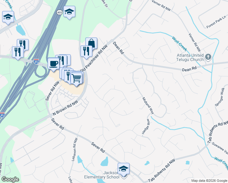 map of restaurants, bars, coffee shops, grocery stores, and more near 2340 Summit Oaks Court in Lawrenceville