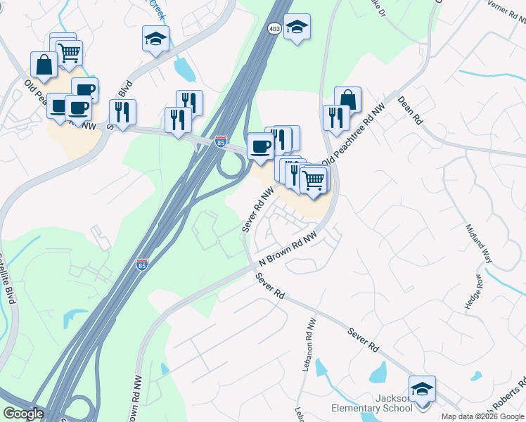 map of restaurants, bars, coffee shops, grocery stores, and more near 2410 Strand Avenue in Lawrenceville