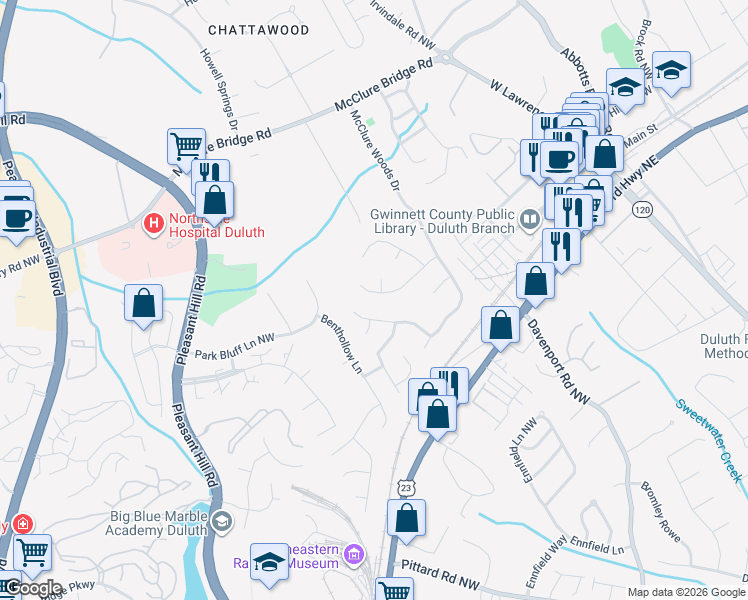 map of restaurants, bars, coffee shops, grocery stores, and more near 3555 Parkbrooke Lane in Duluth