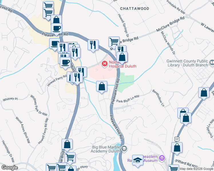 map of restaurants, bars, coffee shops, grocery stores, and more near 3765 Meeting Street Northwest in Duluth