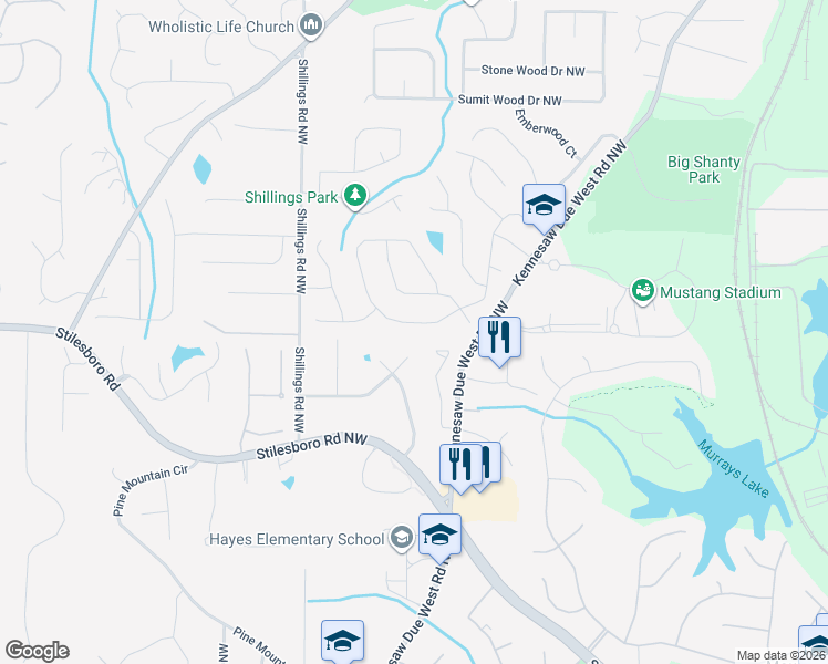 map of restaurants, bars, coffee shops, grocery stores, and more near 1953 Westover Lane in Kennesaw