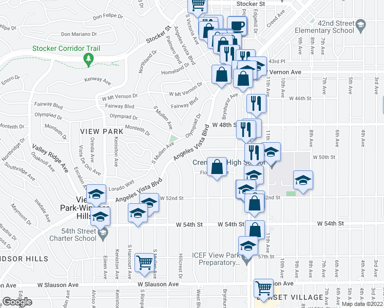 map of restaurants, bars, coffee shops, grocery stores, and more near 4918 Angeles Vista Boulevard in View Park-Windsor Hills