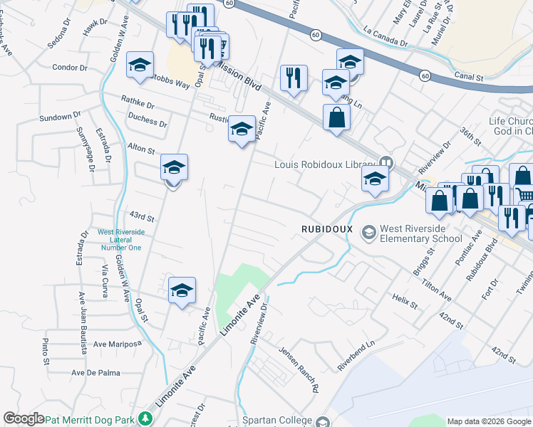 map of restaurants, bars, coffee shops, grocery stores, and more near 6001 De La Vista in Riverside