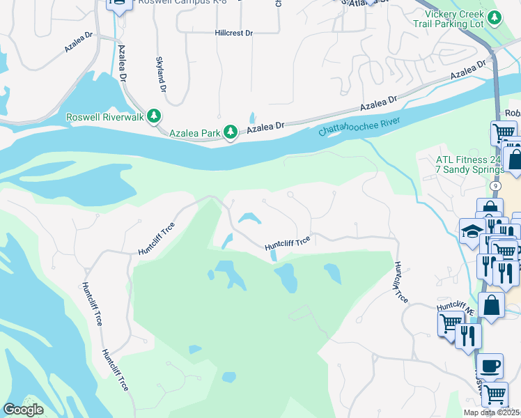 map of restaurants, bars, coffee shops, grocery stores, and more near 8925 Huntcliff Lake Court Northeast in Atlanta