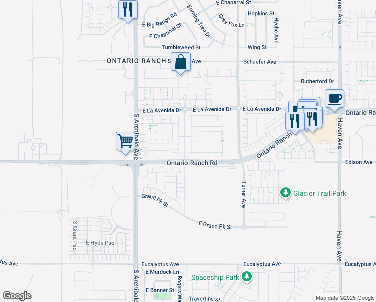 map of restaurants, bars, coffee shops, grocery stores, and more near 4132 South Canal Way in Ontario