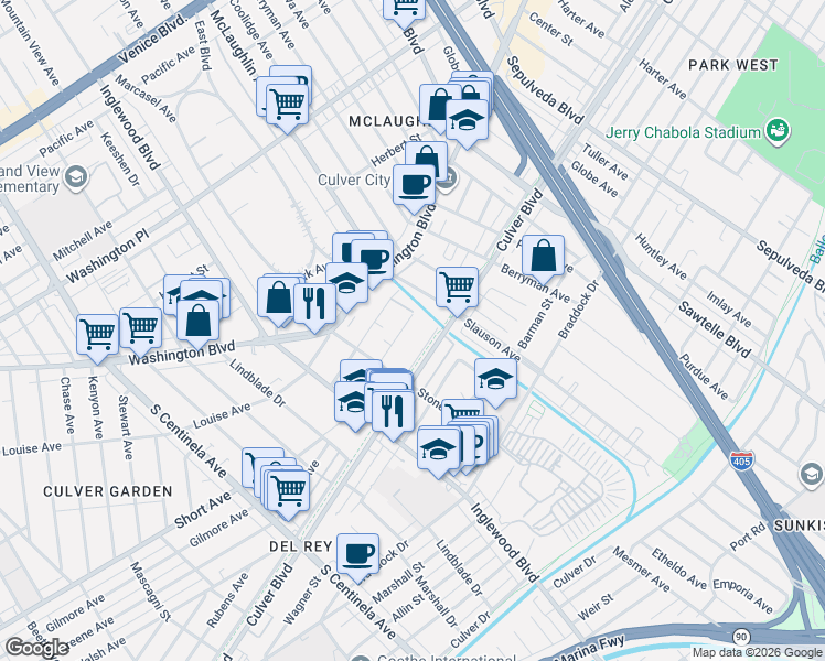 map of restaurants, bars, coffee shops, grocery stores, and more near 11734 Avon Way in Los Angeles
