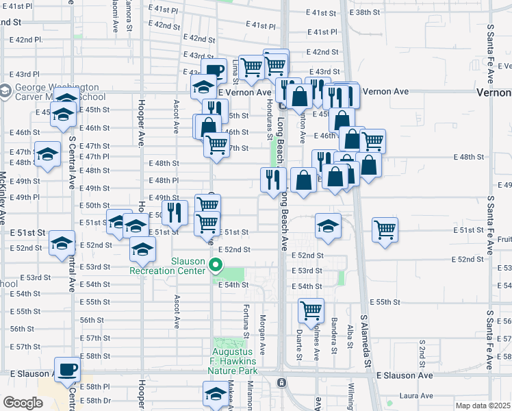map of restaurants, bars, coffee shops, grocery stores, and more near 4905 Morgan Avenue in Los Angeles