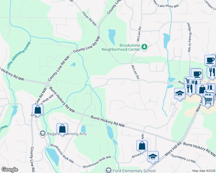 map of restaurants, bars, coffee shops, grocery stores, and more near 5797 Brookstone View in Acworth