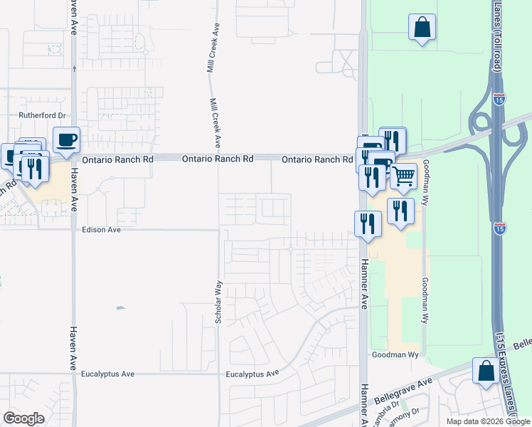 map of restaurants, bars, coffee shops, grocery stores, and more near 11071 Edison Avenue in Ontario
