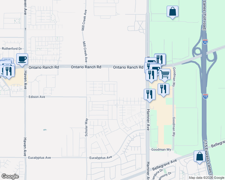 map of restaurants, bars, coffee shops, grocery stores, and more near 11071 Edison Avenue in Ontario