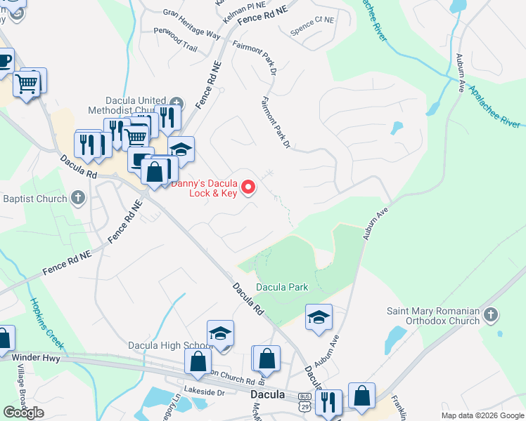 map of restaurants, bars, coffee shops, grocery stores, and more near 2760 Freemans Walk Drive in Dacula
