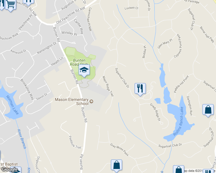 map of restaurants, bars, coffee shops, grocery stores, and more near 2828 Major Ridge Trail in Duluth