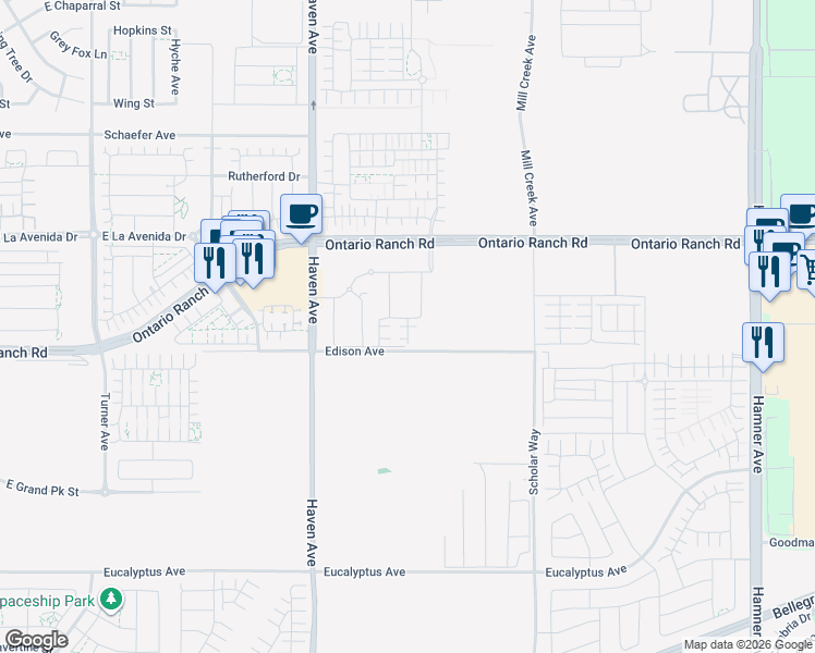 map of restaurants, bars, coffee shops, grocery stores, and more near South Cleome Paseo in Ontario