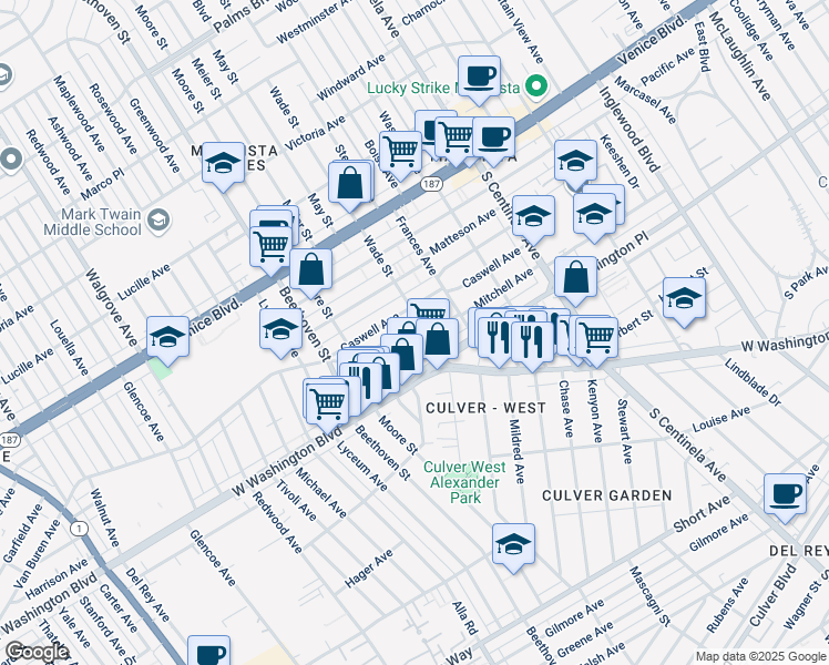 map of restaurants, bars, coffee shops, grocery stores, and more near 12711 Mitchell Avenue in Los Angeles