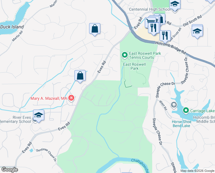 map of restaurants, bars, coffee shops, grocery stores, and more near 3119 Canyon Point Circle in Roswell