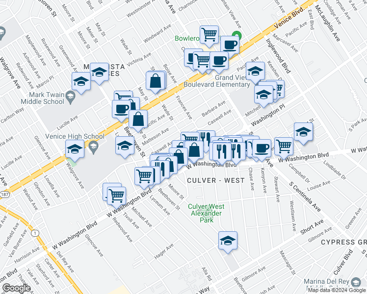 map of restaurants, bars, coffee shops, grocery stores, and more near 12711 Mitchell Avenue in Los Angeles