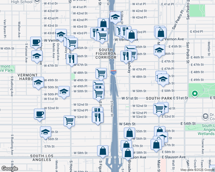 map of restaurants, bars, coffee shops, grocery stores, and more near 432 West 49th Street in Los Angeles