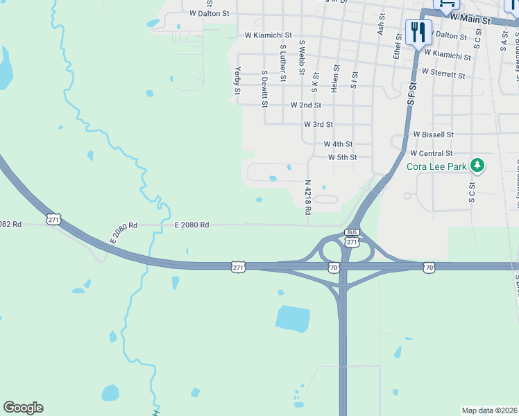map of restaurants, bars, coffee shops, grocery stores, and more near 2353 East 2080 Road in Hugo