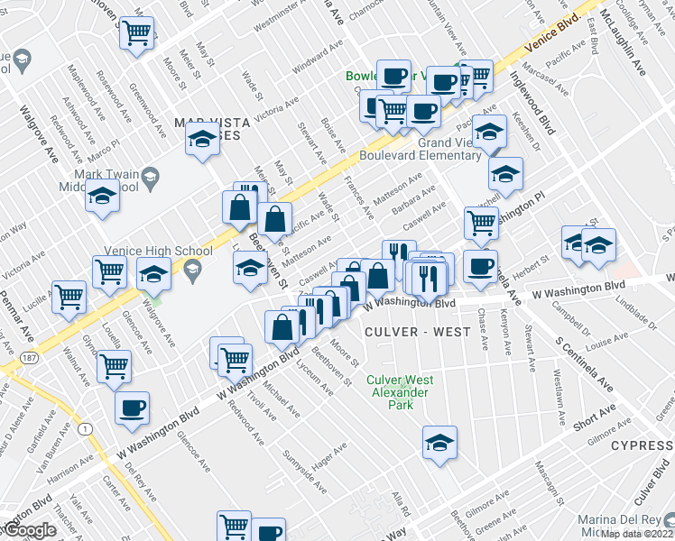 map of restaurants, bars, coffee shops, grocery stores, and more near 12751 Mitchell Avenue in Los Angeles