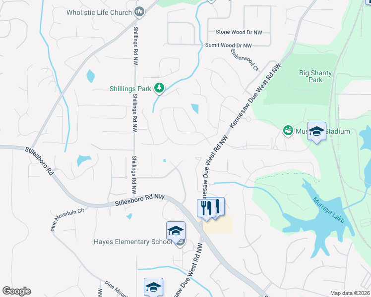 map of restaurants, bars, coffee shops, grocery stores, and more near 1953 Westover Lane in Kennesaw