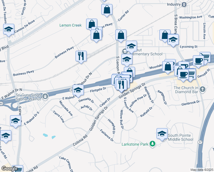 map of restaurants, bars, coffee shops, grocery stores, and more near 20503 Flintgate Drive in Walnut