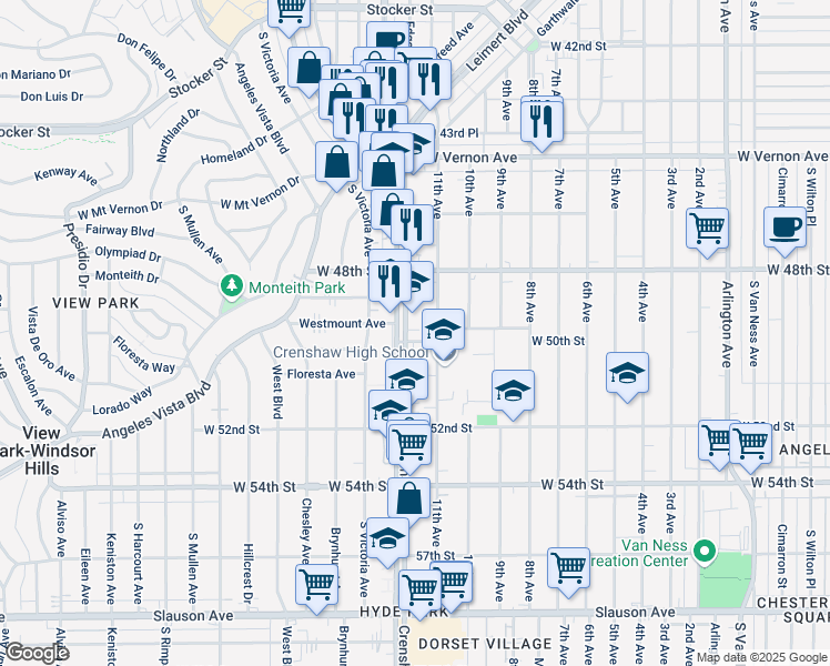 map of restaurants, bars, coffee shops, grocery stores, and more near 4928 Crenshaw Boulevard in Los Angeles
