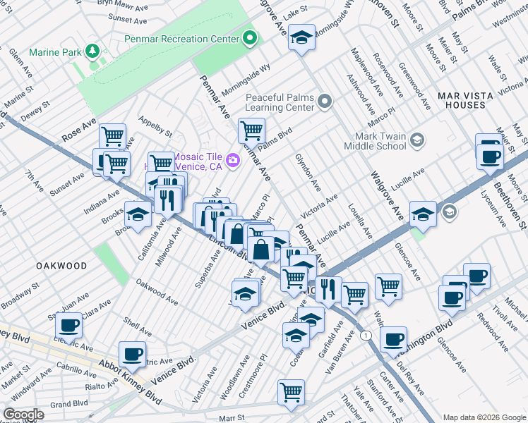 map of restaurants, bars, coffee shops, grocery stores, and more near 1086 Marco Place in Los Angeles