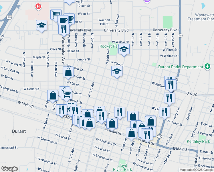 map of restaurants, bars, coffee shops, grocery stores, and more near 905 West Liveoak Street in Durant