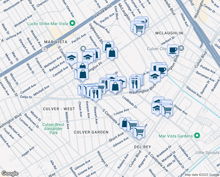 map of restaurants, bars, coffee shops, grocery stores, and more near in Culver City