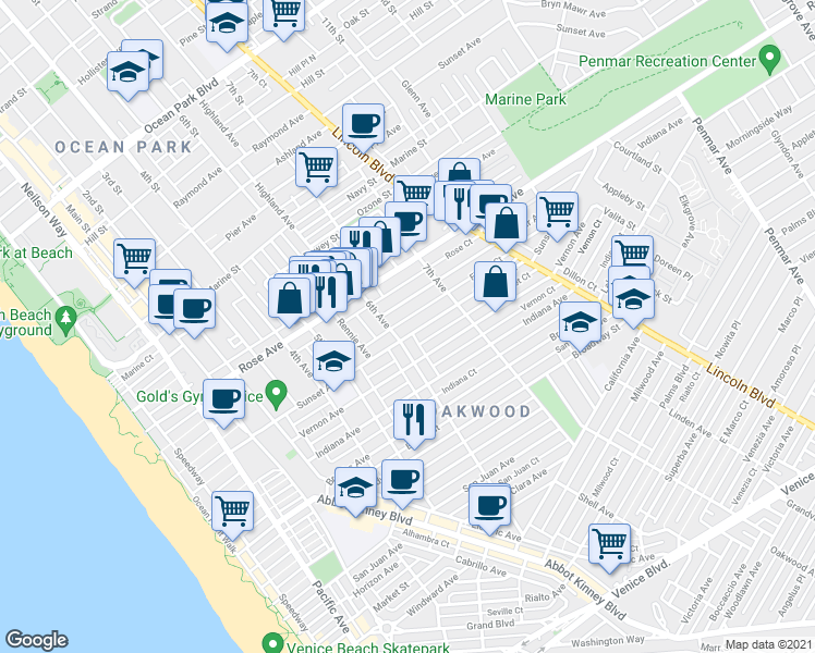 map of restaurants, bars, coffee shops, grocery stores, and more near 6th Avenue in Los Angeles