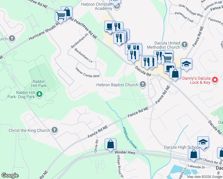 map of restaurants, bars, coffee shops, grocery stores, and more near 1935 Beckenham Place in Dacula