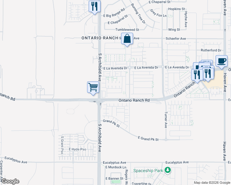 map of restaurants, bars, coffee shops, grocery stores, and more near 2815 East Berry Loop Privado in Ontario