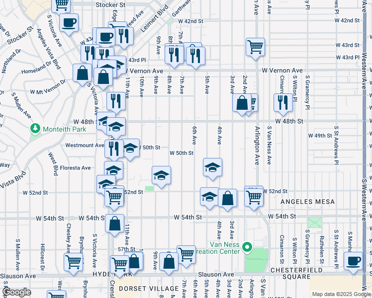 map of restaurants, bars, coffee shops, grocery stores, and more near 5006 7th Avenue in Los Angeles