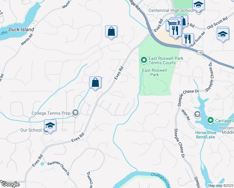 map of restaurants, bars, coffee shops, grocery stores, and more near 3315 Canyon Point Circle in Roswell