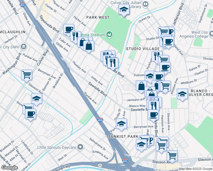 map of restaurants, bars, coffee shops, grocery stores, and more near 4938 Imlay Avenue in Culver City