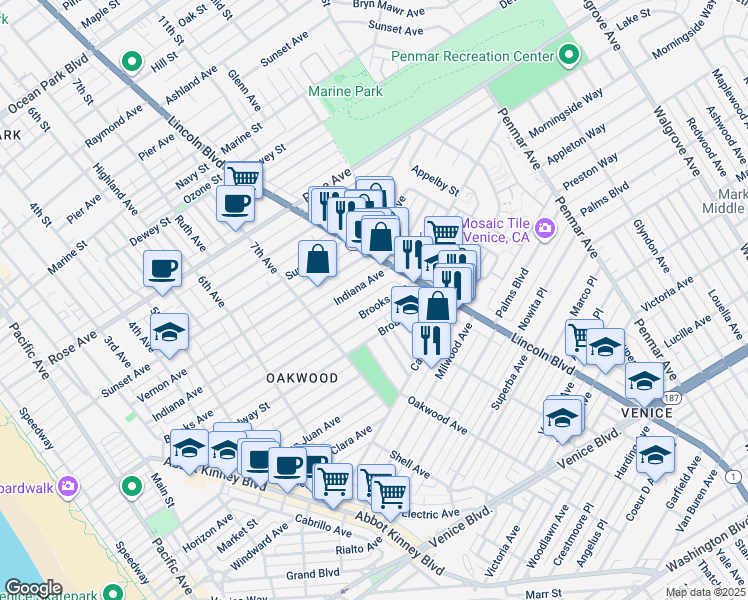 map of restaurants, bars, coffee shops, grocery stores, and more near 809 Brooks Avenue in Los Angeles