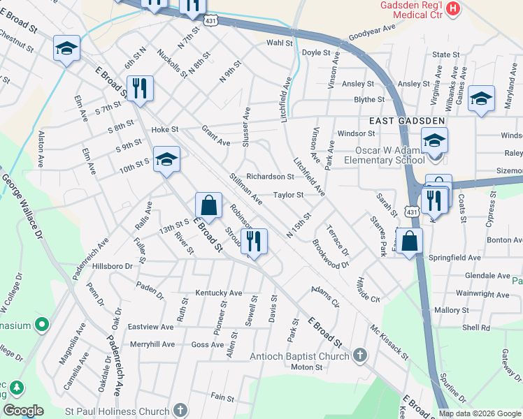 map of restaurants, bars, coffee shops, grocery stores, and more near 1327 Stillman Avenue in Gadsden