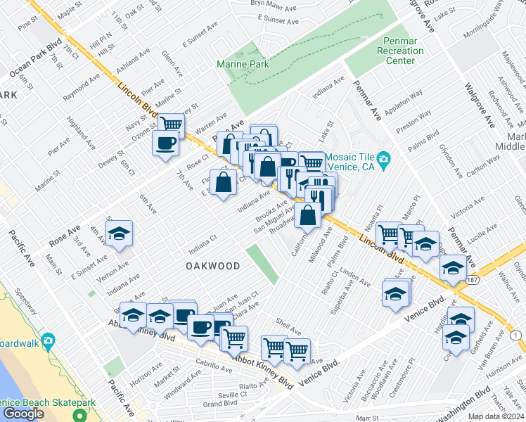map of restaurants, bars, coffee shops, grocery stores, and more near 809 Brooks Avenue in Los Angeles