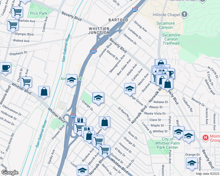 map of restaurants, bars, coffee shops, grocery stores, and more near 5647 Adele Avenue in Whittier