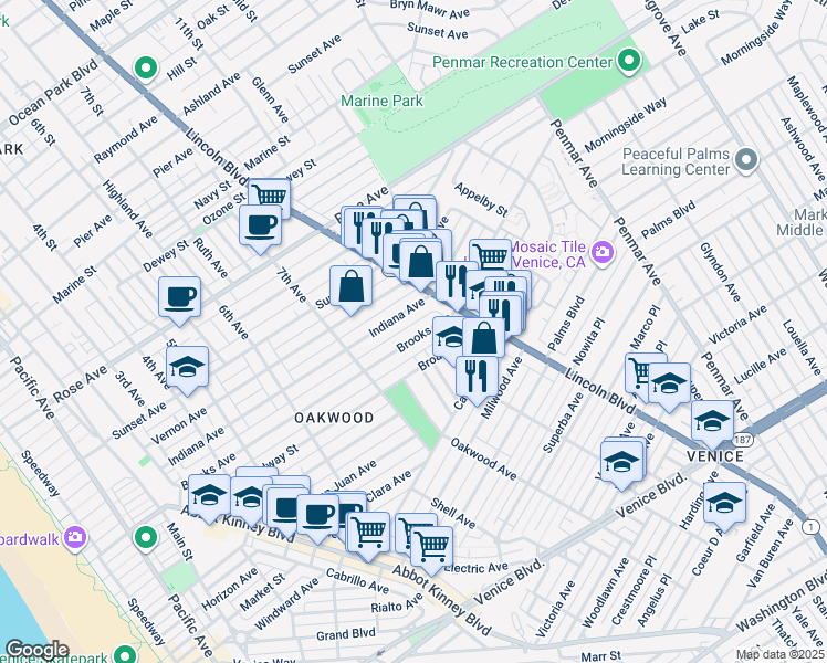 map of restaurants, bars, coffee shops, grocery stores, and more near 809 Brooks Avenue in Los Angeles