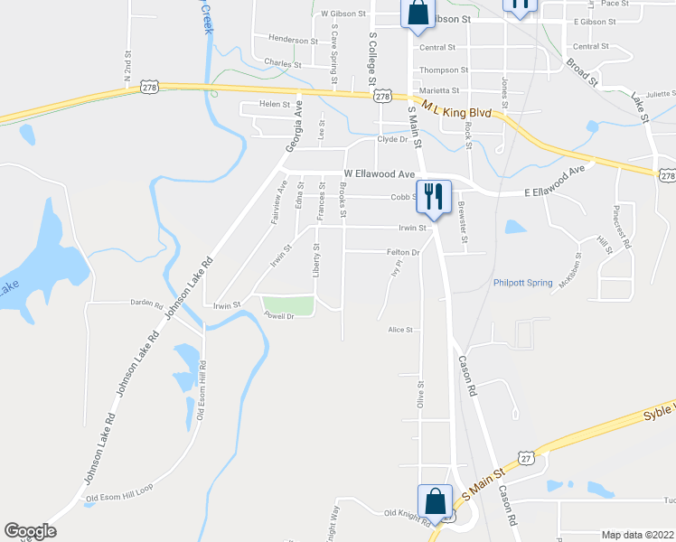 map of restaurants, bars, coffee shops, grocery stores, and more near 1324 Brooks Street in Cedartown