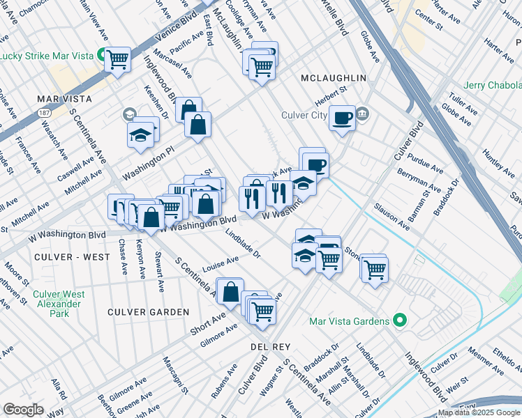 map of restaurants, bars, coffee shops, grocery stores, and more near 12000 West Washington Boulevard in Los Angeles