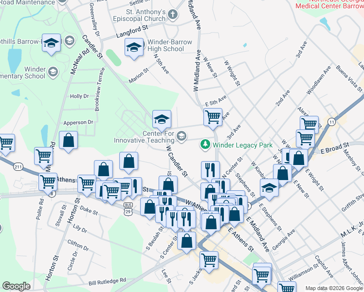 map of restaurants, bars, coffee shops, grocery stores, and more near 218 Bellview St in Winder
