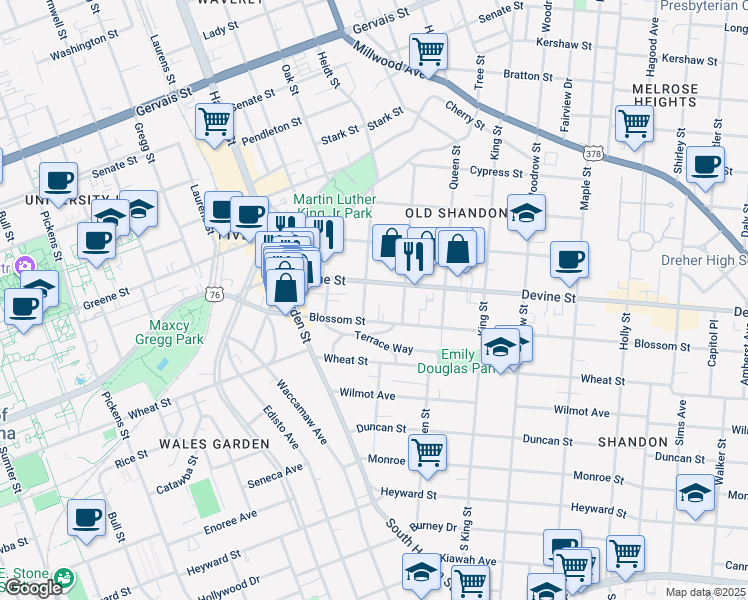 map of restaurants, bars, coffee shops, grocery stores, and more near 620 Heidt Street in Columbia