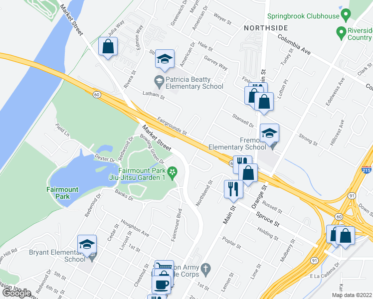 map of restaurants, bars, coffee shops, grocery stores, and more near 2300 Market Street in Riverside