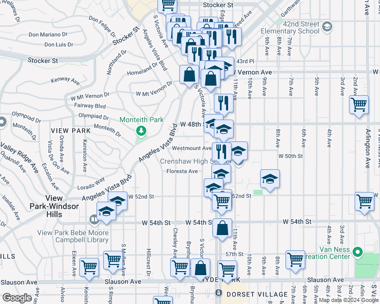 map of restaurants, bars, coffee shops, grocery stores, and more near 3482 Westmount Avenue in View Park-Windsor Hills