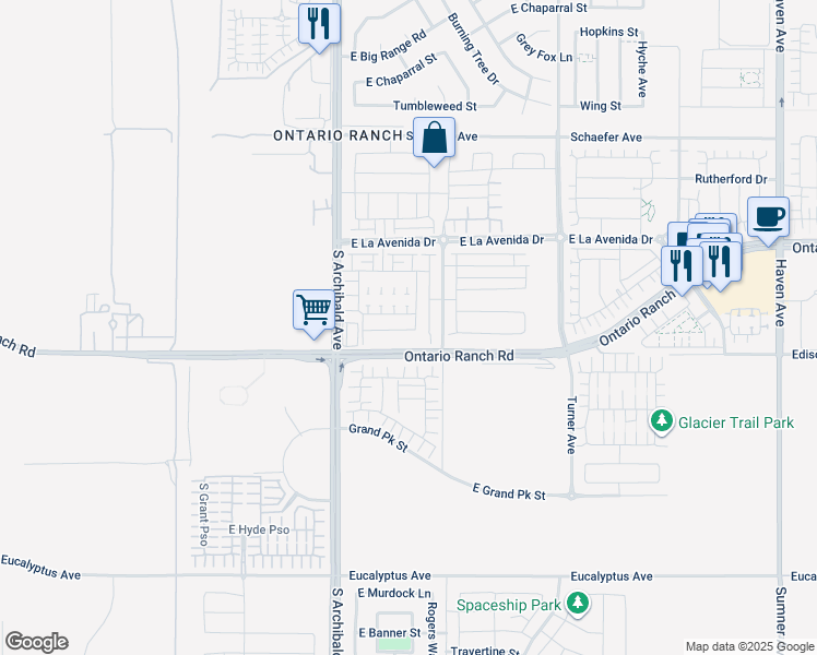 map of restaurants, bars, coffee shops, grocery stores, and more near 2818 East Berry Loop Privado in Ontario