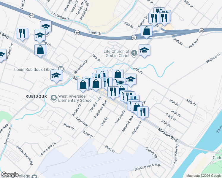 map of restaurants, bars, coffee shops, grocery stores, and more near 3725 Rubidoux Boulevard in Riverside
