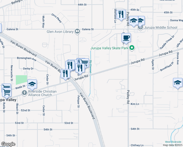 map of restaurants, bars, coffee shops, grocery stores, and more near in Jurupa Valley