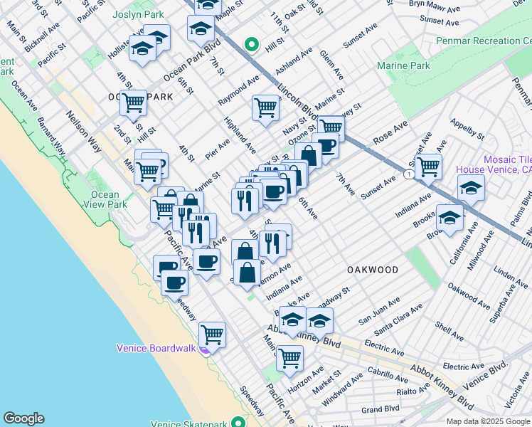 map of restaurants, bars, coffee shops, grocery stores, and more near 412 Rose Avenue in Los Angeles